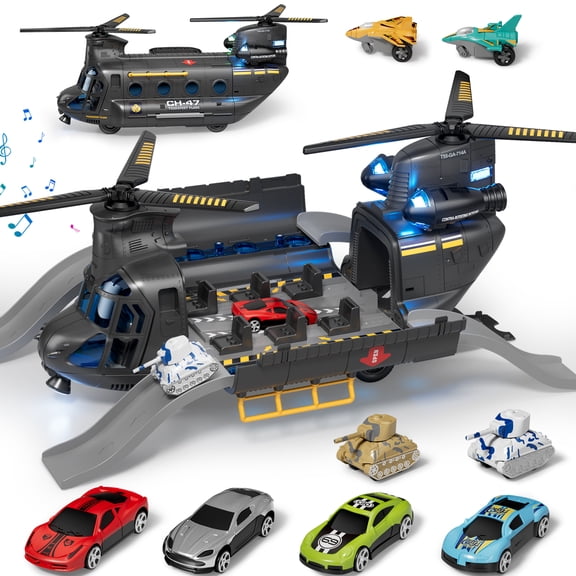 Helicopter Toy, Airplane Toys for Boys with Lights & Sounds, Toy Plane Set with 4 Race Cars, 2 Airplanes, 2 Tanks, Toys for 2+ Year Old Boys, Best Gifts for 3 4 5+ Years Old Boys