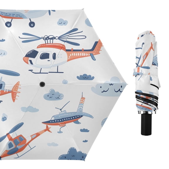 Helicopters Clouds Cartoon Cute All Weather Umbrella Triple Folding Parasol 6 Ribs UV Protection Portable