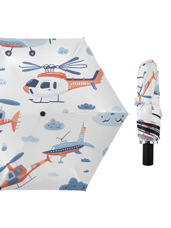 Helicopters Clouds Cartoon Cute All Weather Umbrella Triple Folding Parasol 6 Ribs UV Protection Portable