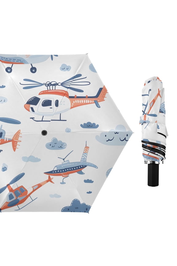 Helicopters Clouds Cartoon Cute All Weather Umbrella Triple Folding Parasol 6 Ribs UV Protection Portable