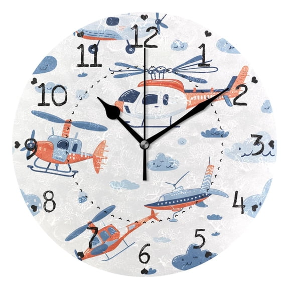 Helicopters Clouds Cartoon Cute Round Wall Clock Silent Analog Battery Operated Black Pointer Home Decor 9.84" Diameter