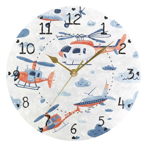 Helicopters Clouds Cartoon Cute Round Wall Clock Silent Analog Battery Operated Gold Pointer Home Decor 9.84" Diameter