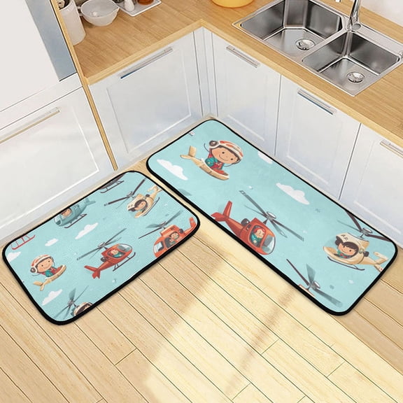 Helicopters Cute Pilots Kitchen Mats Non Slip Standing Desk Mat Runner Rug Washable Kitchen Rugs for Floor 2PCS