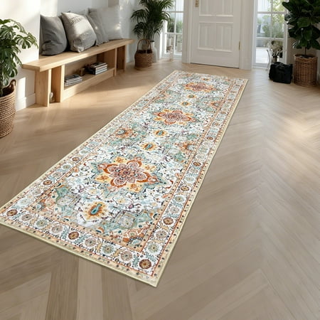 ARJINCUTE Bohemia Vintage Orange-Red Runner Rugs 2' x 8', Non- Slip Machine Washable, Soft Touch Low Pile Foldable