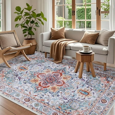 ARJINCUTE  Non Slips Boho Area Rugs 8' x 10', Vintage Large Floor Carpet, Machine Washable, Foldable, No Shedding