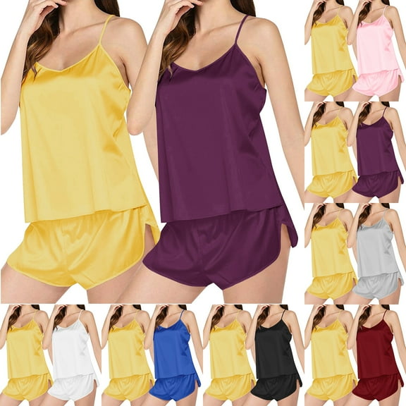 Helii 2 Pack Women Satin Silk Lightweight Pajamas Set Sexiness V Neck Camisole Tops with Shorts for Women Loungewear Red L