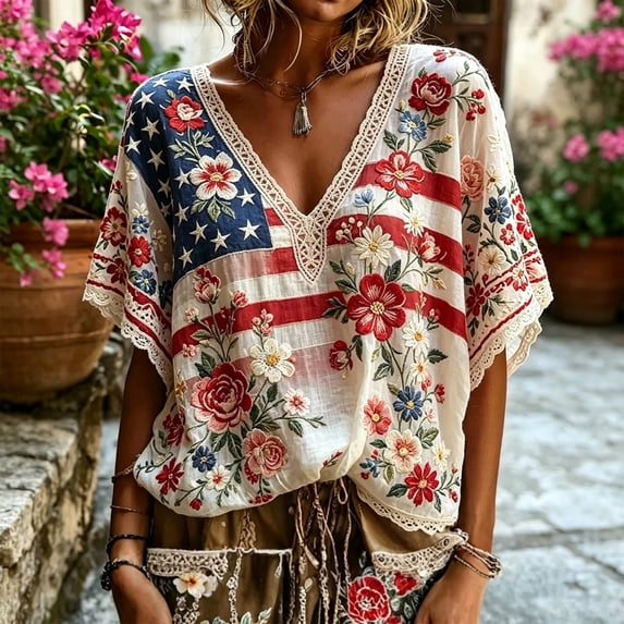 Helii 250th Anniversary Shirt Women Patriotic Blouse Floral American Flag Lace Trim V Neck Batwing Sleeve Loose Fit Boho Vintage 4th of July Summer Top Colorful,L