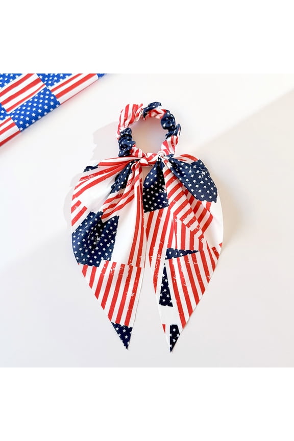 4th of July Patriotic Hair Scrunchies – Red White Blue Bow Ponytail Scarf Scrunchie, Star Striped Elastic Hair Ties for Independence Day, USA Flag Hair Accessories for Women White,One Size