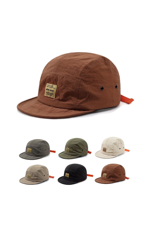 5 Panel Flat Brim Hat for Men Women Lightweight Quick Dry Camp Cap, Breathable Outdoor Streetwear Snapback with Flat Bill, Unisex Japanese Style Casual Hat Brown,One Size