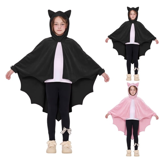 Helii Bat Wing Hooded Cape for Youth Teens Soft Drapable Lightweight Open Front Poncho Cloak with Pointed Ears and Jagged Hem Halloween Party Dress Up Role Play Wear Black Pink