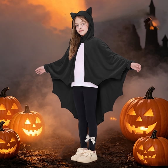 Helii Bat Wing Hooded Cape for Youth Teens Soft Drapable Lightweight Open Front Poncho Cloak with Pointed Ears and Jagged Hem Halloween Party Dress Up Role Play Wear Black Pink