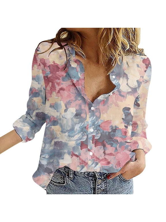 Button Down Shirts for Women 3/4 Sleeve Boho Blouses Dressy Tops V Neck Lightweight Floral Pleated Tops Fashion Spring Summer Casual Clothes S-6XL