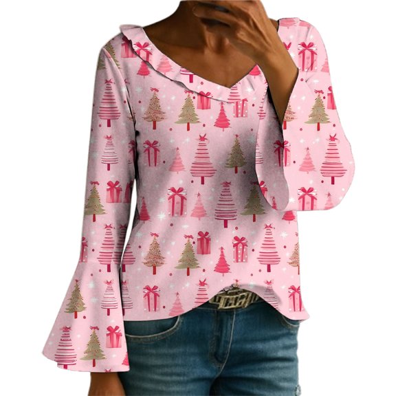 Helii Christmas Shirts for Women Elegant Ruffle V Neck Long Sleeve Blouse Christmas Funny Gift Holiday Season Casual Wear Fashion 2026 (M)