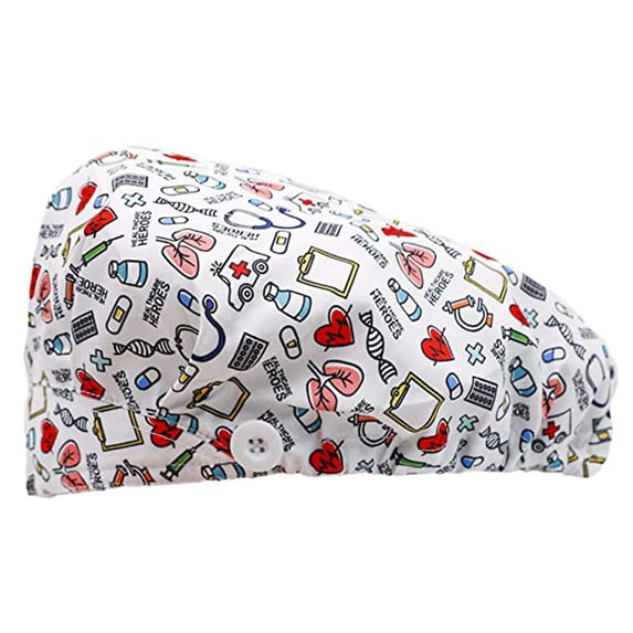 Helii Cotton Adjustable Scrub Hat Nurse Surgical Cap with Buttons Ear Protector Elastic Drawstring Closure Print Medical Hat for Women Men Unisex Chemo Cap Breathable Scrub Cap