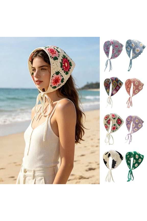 Crochet Triangle Head Scarf for Women – Handmade Knitted Boho Bandana Hair Wrap, Floral Embroidery Hollow Out Hair Scarf, Adjustable Tie Back Kerchief Blackish Green,One Size