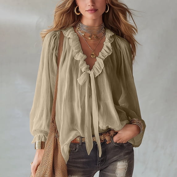 Helii Womens Tops Women's V Neck Pleated Front Collared Long Sleeve Ruffle Casual Blouse Top