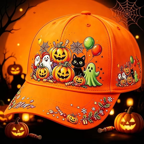 Helii Halloween Baseball Cap for Women Men Retro Pumpkin Ghost Print Adjustable Trucker Hat Soft Lightweight Breathable Fall Holiday Hat for Daily Wear Costume Party Accessory Unisex One Size