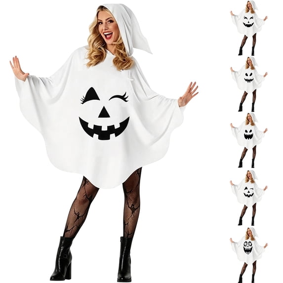 Helii Halloween Ghost Poncho Cape for Women Funny Face Print Hooded Pullover Shawl Wrap Loose Fit One Size Fits Most Adult Women Multiple Design Options Party Dress Up Wear