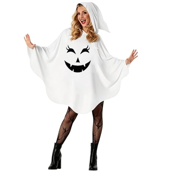 Helii Halloween Ghost Poncho Cape for Women Funny Face Print Hooded Pullover Shawl Wrap Loose Fit One Size Fits Most Adult Women Multiple Design Options Party Dress Up Wear