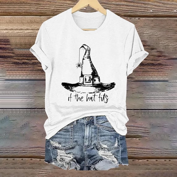 Helii Halloween Shirt for Women Fall Season Shirts If The Hat Fits Tshirt Witch's Hat Tee Tops