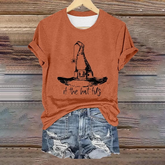 Helii Halloween Shirt for Women Fall Season Shirts If The Hat Fits Tshirt Witch's Hat Tee Tops