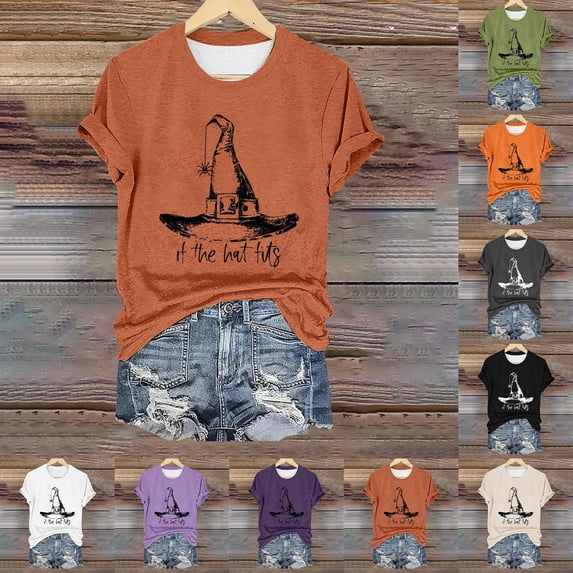 Helii Halloween Shirt for Women Fall Season Shirts If The Hat Fits Tshirt Witch's Hat Tee Tops