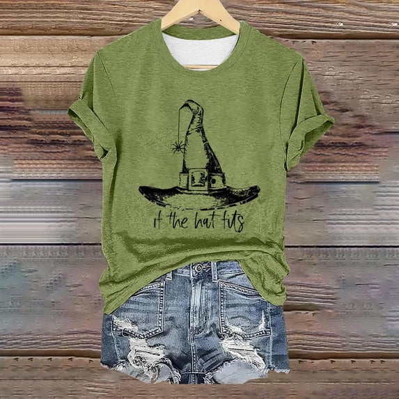 Helii Halloween Shirt for Women Fall Season Shirts If The Hat Fits Tshirt Witch's Hat Tee Tops