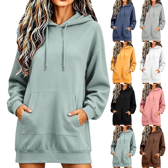 Helii Hoodie Dress Women Oversized Long Sleeve Sweatshirt Dress Mid Thigh Casual Pullover Hooded Tunic with Pockets Soft Comfy Loose Fall Winter Lounge Dress 8 Colors