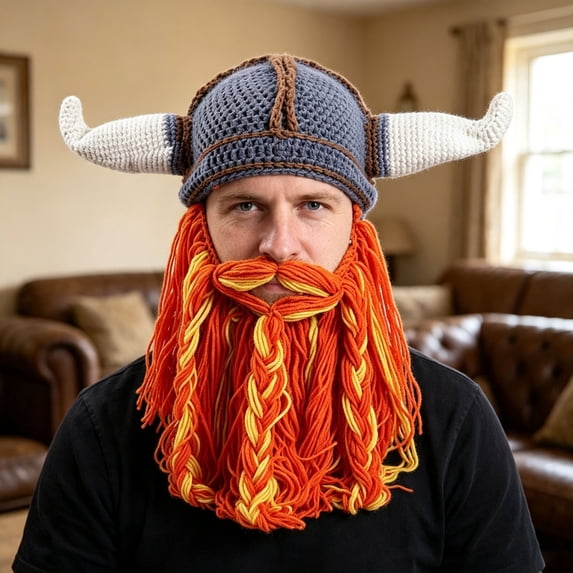 Helii Knit Hat with Horns and Detachable Beard Viking Style Beanie Hat Handmade Crochet Cap Funny Novelty Winter Hat for Role Play Party Dress Up Stretchy Soft Beanie Hat for Adults