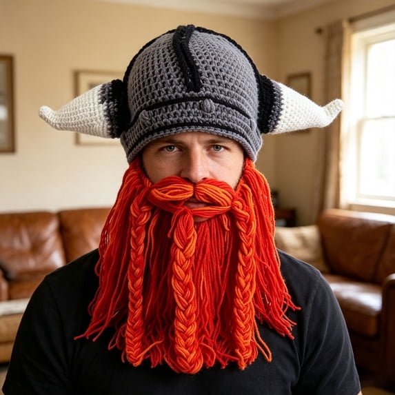 Helii Knit Hat with Horns and Detachable Beard Viking Style Beanie Hat Handmade Crochet Cap Funny Novelty Winter Hat for Role Play Party Dress Up Stretchy Soft Beanie Hat for Adults