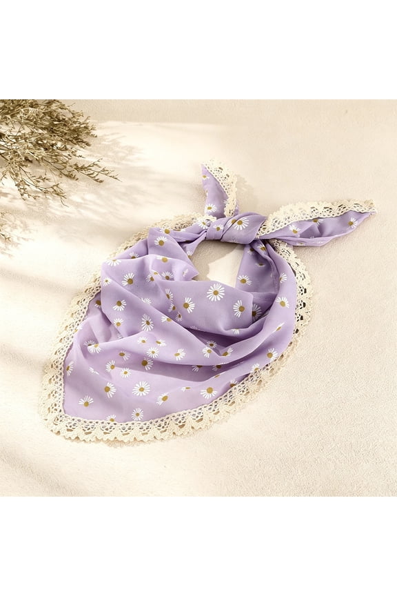 Lace Triangle Head Scarf for Women – French Vintage Floral Headwrap, Boho Bandana Hair Scarf with Adjustable Tie, Soft Breathable Polyester Kerchief Purple,One Size
