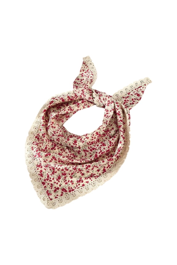 Lace Triangle Head Scarf for Women – French Vintage Floral Headwrap, Boho Bandana Hair Scarf with Adjustable Tie, Soft Breathable Polyester Kerchief Red,One Size