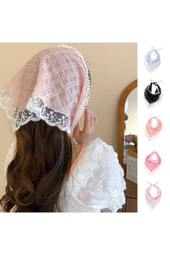 Lace Triangle Head Scarf for Women – Vintage French Floral Headwrap, Boho Lace Trim Bandana Headband, Adjustable Tie Back Kerchief for Spring Summer Wedding Beach Hot Pink,One Size