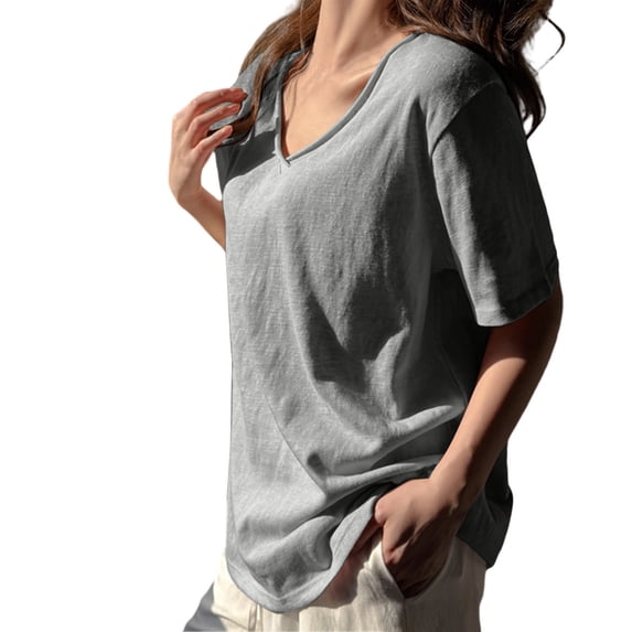 Helii Light Ashy Womens Tops Women's V Neck Half Sleeve Solid Casual Loose Fit Basic T-Shirt Top for Women