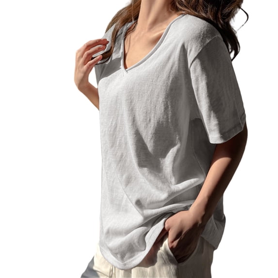 Helii Light Blue Womens Tops Women's V Neck Half Sleeve Solid Casual Loose Fit Basic T-Shirt Top for Women
