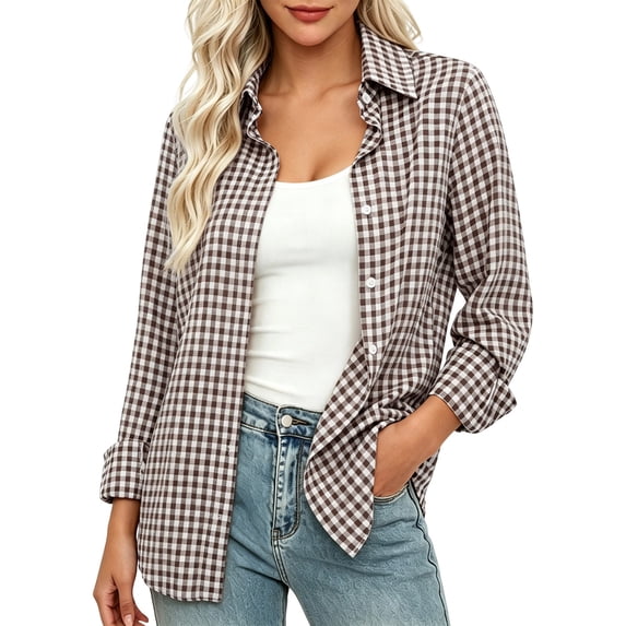 Helii Long Sleeve Shirts for Women Casual Loose Fit Plaid Button Down Teacher Shirts Business Tunic Blouse Office Work Layering Autumn Fall Fashion 2026