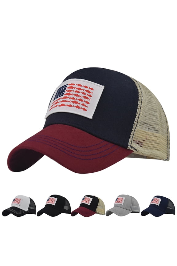 Men Women Fish American Flag Mesh Trucker Hat – Patriotic Fishing Cap with Fish Pattern, Breathable Mesh Back Baseball Cap with Cotton Sweatband, Adjustable Outdoor Sun Hat Grey,One Size