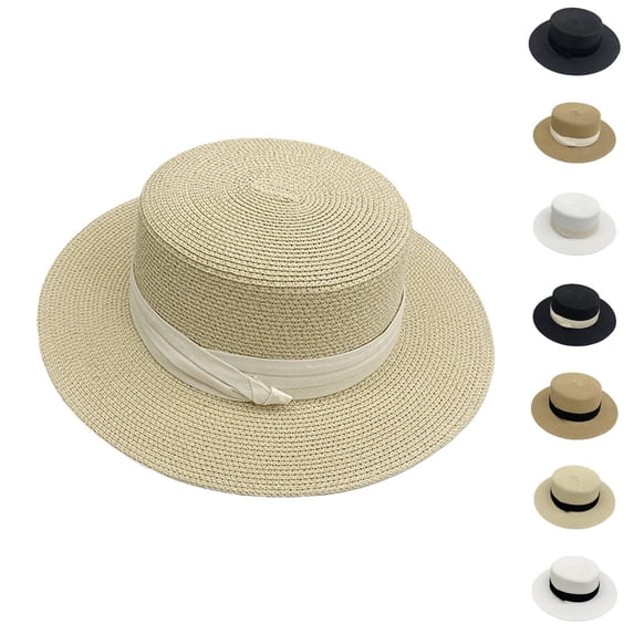 Helii Men Women Wide Brim Boater Hat – Flat Crown Panama Straw Sun Hat with Grosgrain Ribbon, UPF 30+ Foldable Summer Beach Cap for Men Women Vacation Travel Black,One Size