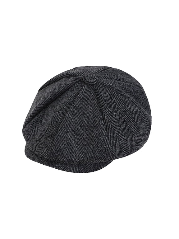 Men's Herringbone Wool Blend Newsboy Cap 8 Panel Flat Ivy Hat, Vintage Tweed Gatsby Cabbie Cap, Winter Warm Retro Driver Cap for Cold Weather Black,One Size