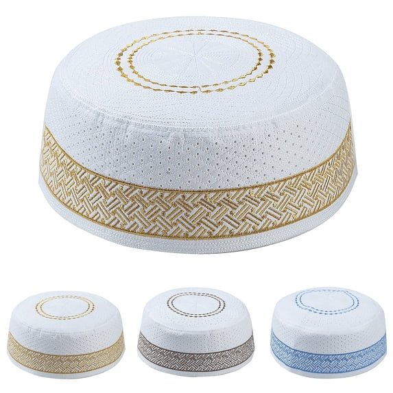 Helii Men's Muslim Cotton Embroidered Flat Hat Simple Geometric Pattern Ethnic Prayer Cap for Eid, Ramadan, Namaz & Daily Wear
