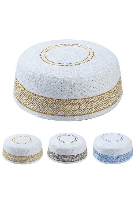 Men's Muslim Cotton Embroidered Flat Hat Simple Geometric Pattern Ethnic Prayer Cap for Eid, Ramadan, Namaz & Daily Wear