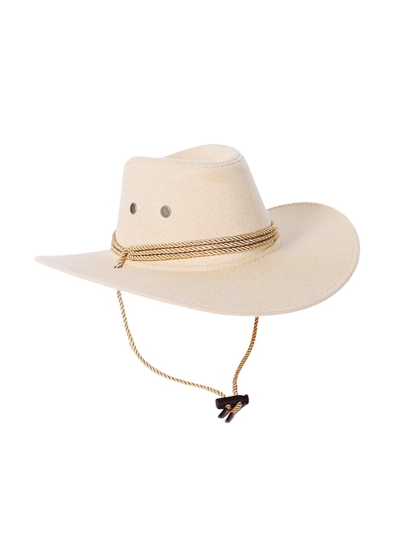 Men's Western Cowboy Hat: Classic Wide Brim Fedora Sun Hat with Leather Band Metal Concho & Chin Strap for Outdoor Riding White,57
