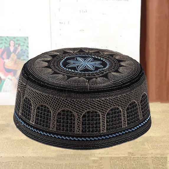Helii Muslim Hat for Men Cotton Embroidered Flat Cap Ethnic Geometric Pattern Prayer Hat for Eid Ramadan Namaz