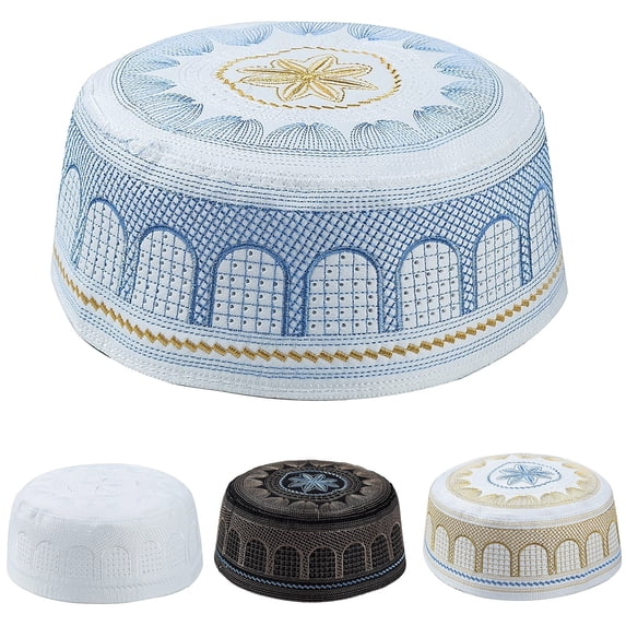 Helii Muslim Hat for Men Cotton Embroidered Flat Cap Ethnic Geometric Pattern Prayer Hat for Eid Ramadan Namaz