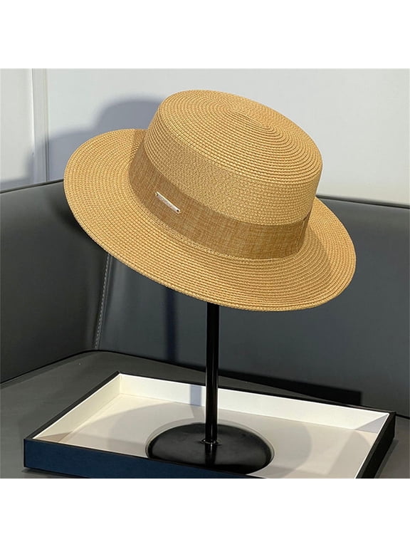 Paper Straw Boater Hat – Flat Top Wide Brim Panama Hat with Ribbon Bow, UPF 50+ Summer Sun Hat for Men Women, Foldable Beach Cap for Travel Vacation Khaki,One Size