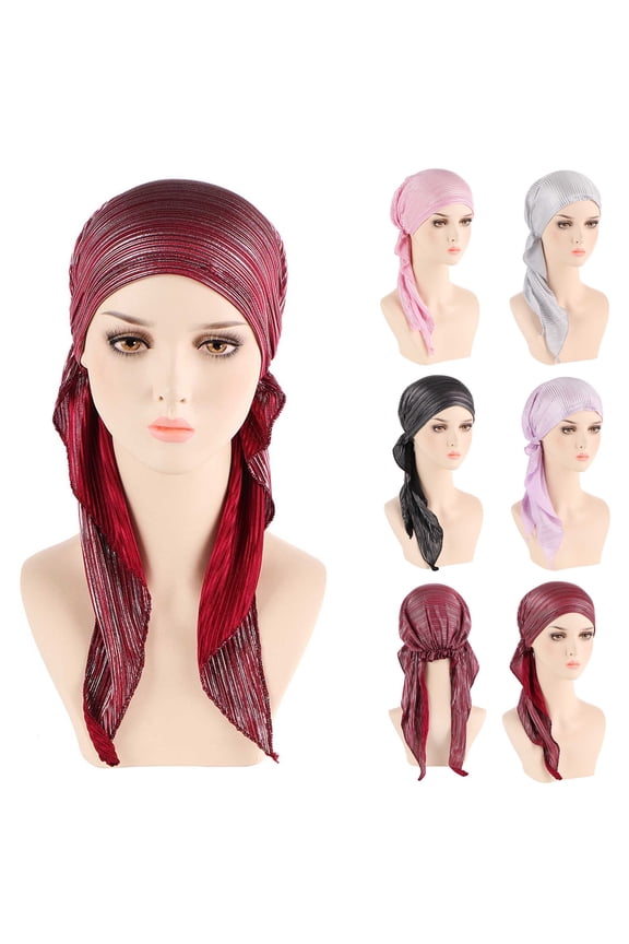 Pleated Muslim Turban for Women, Stretchy Long Tail Islamic Headwrap Hijab Cap with Tie Back, Soft Polyester Knotted Chemo Cap Sleep Beanie Headwear Solid Colors Pink,One Size