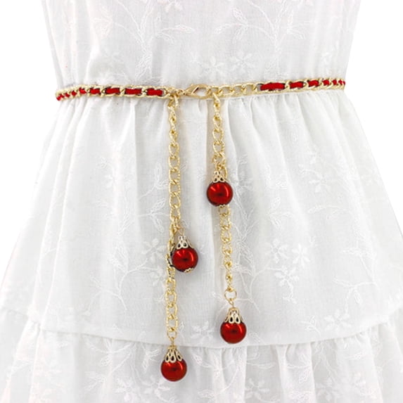 Helii Women Sweet Pearl Decorative Waist Chain Thin Belt Adjustable Metal Hook Dress Waistband