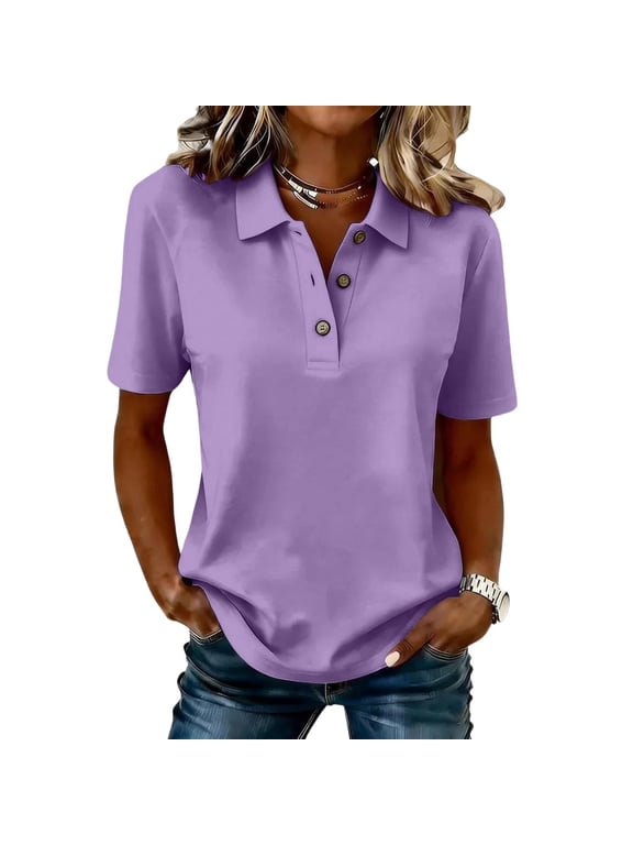 Shirts for Women – Short Sleeve Collared Polo Shirts for Women, Casual Button Work Blouse, Lightweight Quick Dry Relaxed Fit Summer Tops Purple,L
