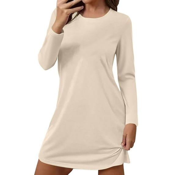 Solid Color Nightgowns for Women Crewneck Long Sleeve Sleepshirt Soft Comfy Dressy Pajamas Casual Sleepwear Beige XL