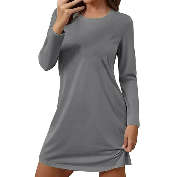 Helii Solid Color Nightgowns for Women Crewneck Long Sleeve Sleepshirt Soft Comfy Dressy Pajamas Casual Sleepwear Dark Gray XXXL